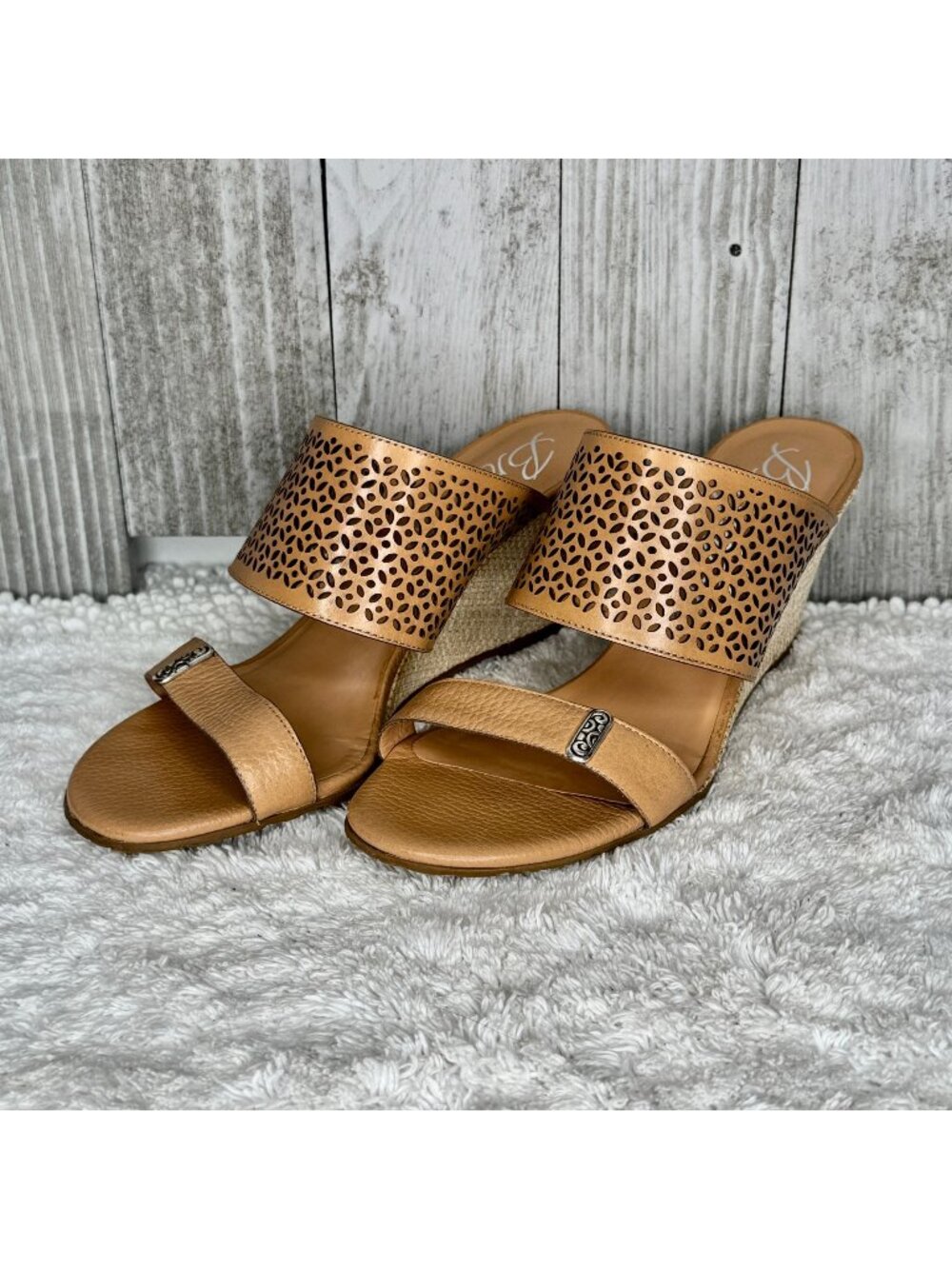 Brighton Ramon Platform Wedge Sandals Laser Cut Leather Tan 7M